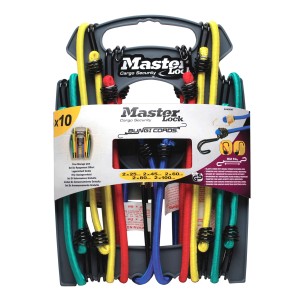 Master Lock Spannseil Set, 10 bunte Spanngurte mit Drahthaken in Halterung.