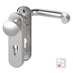 BASI Feuerschutz-Türbeschlag aus Edelstahl mit Kurzschild und U-Form Drücker.