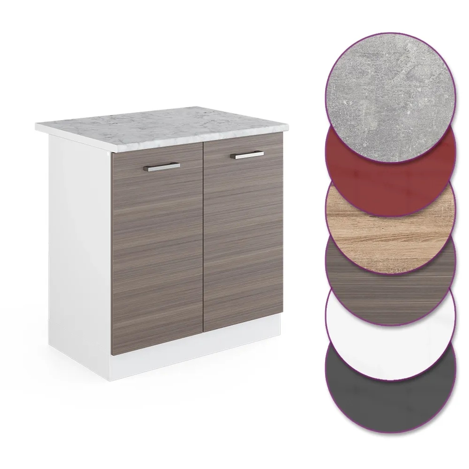 Vicco Spülenunterschrank R-Line, grau/weiß mit Marmor Arbeitsplatte, 80 cm breit.