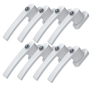 8 abschließbare, weiße Basi Fenstergriffe aus Aluminium mit Schlüsseln für erhöhte Fenstersicherung.