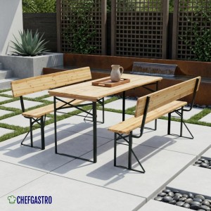PROREGAL Bierzeltgarnitur 3-teilig: klappbarer Holztisch und zwei Bierbänke mit Lehne auf Terrasse.