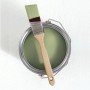 Draufsicht: Dose V&CO Innenfarbe „Weidenbaum“ mit Pinsel. Matte, grüne Wandfarbe.