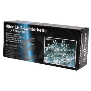 Verpackung einer 48er LED Lichterkette für Innen und Außen mit weißen LEDs.