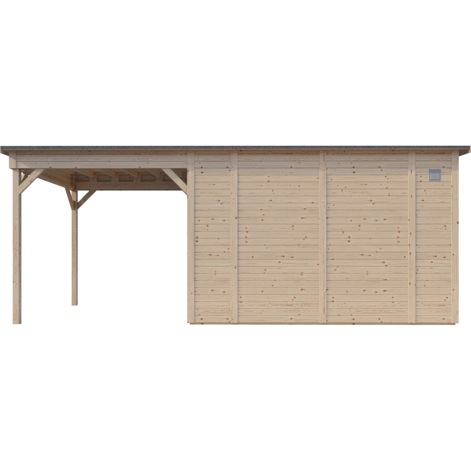 Bertilo Gartenhaus Pentus 3 Lounge, naturbelassenes Holz mit Anbau und überdachter Fläche.