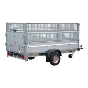 Stema REX 25 Kippanhänger mit Gitteraufsatz, ideal für Auto & Motorrad Transport.