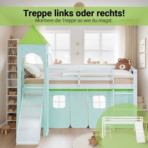 Homestyle4u Kinder Hochbett mit Rutsche, grünem Vorhang und Turm. Kinderbett aus Kiefernholz, 90x200 cm.