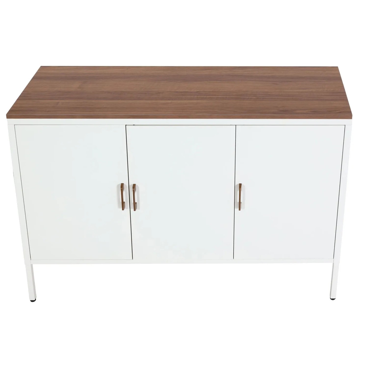 Weiße MCW Kommode L84-3 mit Holzplatte, 3 Türen und Metallfüßen.