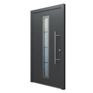 Anthrazitfarbene FM Türen AS68 Haustür mit Glasausschnitt, Edelstahlgriff und Beschlägen.