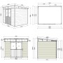 Skizze: Weide Gartenhaus Aluminium Gerätehaus mit Doppeltür, Maße und Ansichten.
