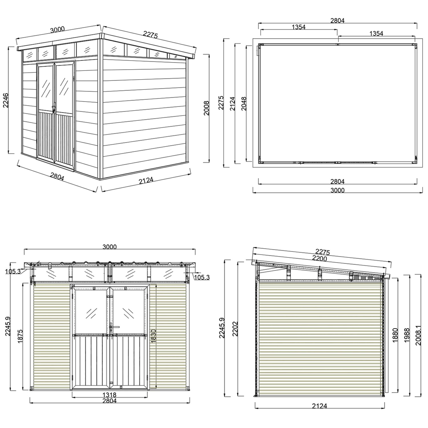 Skizze: Weide Gartenhaus Aluminium Gerätehaus mit Doppeltür, Maße und Ansichten.
