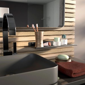 Schwarzes SOTECH Design Wandregal HOVER-IV im Bad, mit Zahnbürsten und Parfümflaschen. Ideal für Wandmontage.