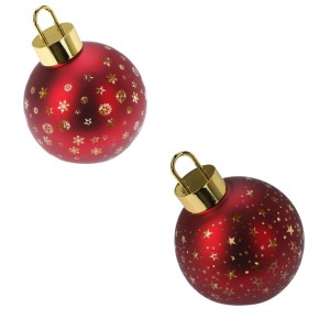 Zwei rote LED-Weihnachtskugeln aus Glas mit goldenen Sternen- und Schneeflockenmustern, goldene Aufhängung.
