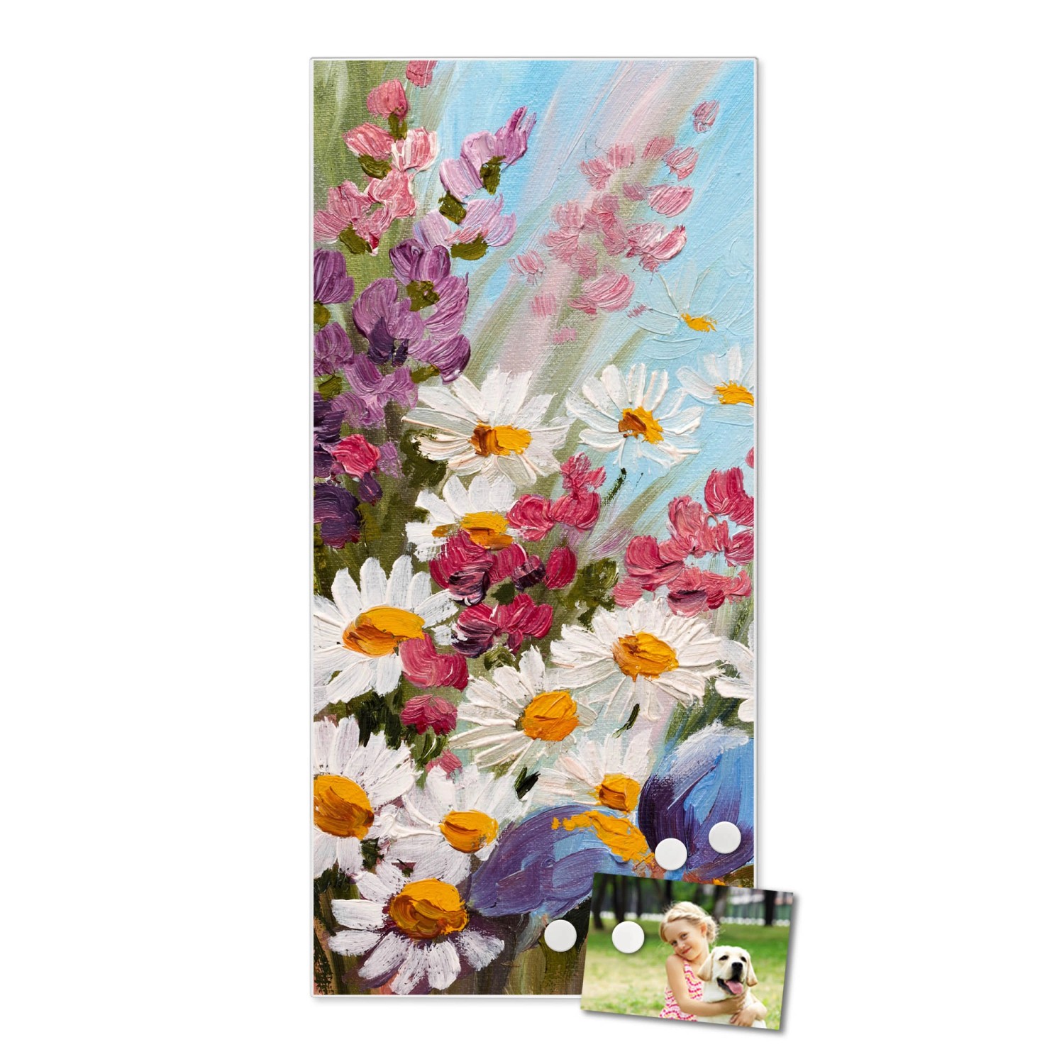 Weiße Magnettafel mit Blumenmotiv 'Sommerstrauss', 37x78cm, inkl. Magnete. Wanddekoration für Notizen.