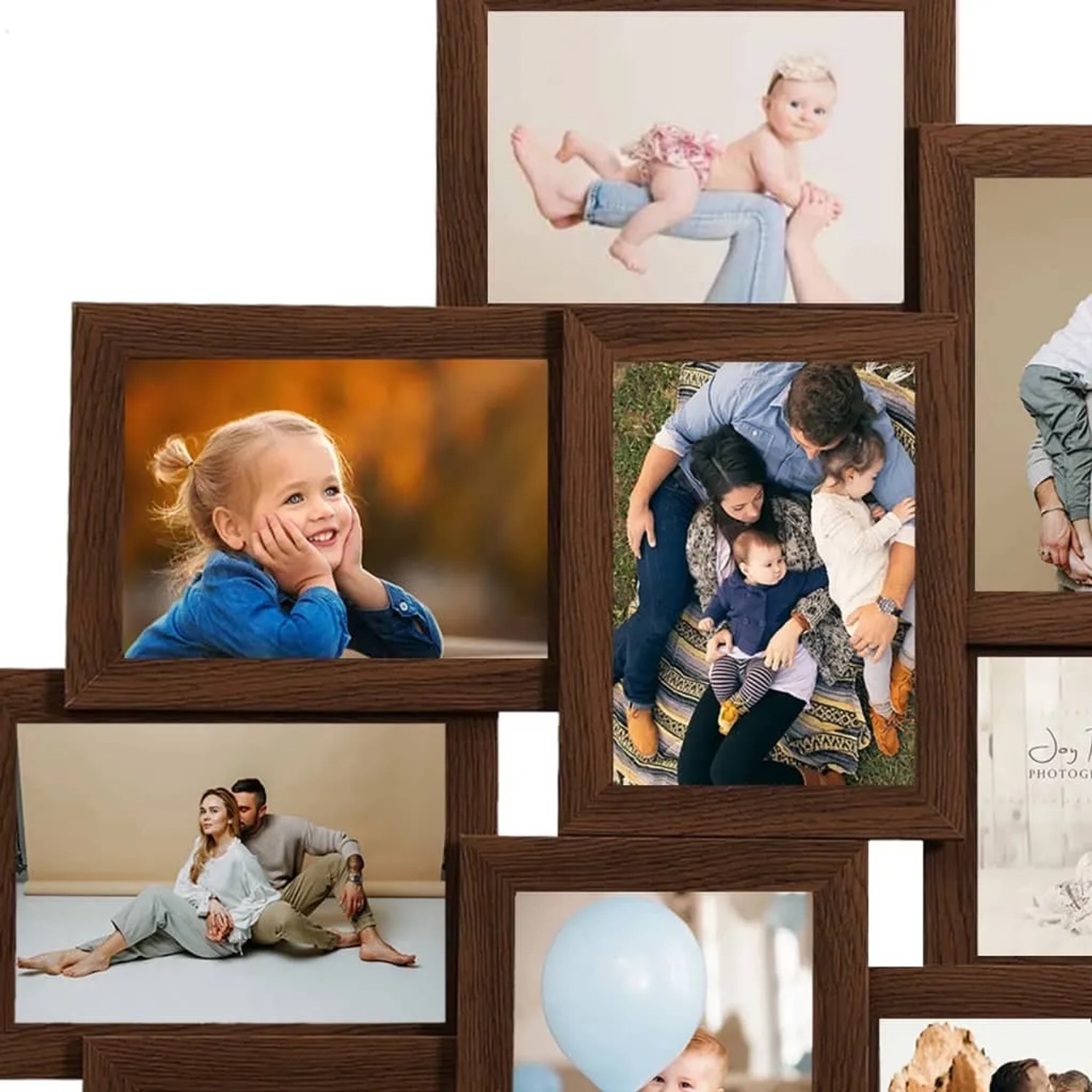 Dunkelbrauner Collage Bilderrahmen für 10 Fotos (10x15 cm) aus MDF, Dekoartikel für Wohnaccessoires.