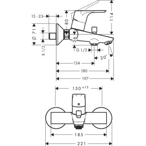 Technische Zeichnung der Hansgrohe Focus Wannenarmatur Aufputz in Chrom mit Maßen.
