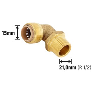 Steck-Winkel aus Messing, 15 mm x 21 mm (R 1/2), für Heizung und Wasserinstallation.
