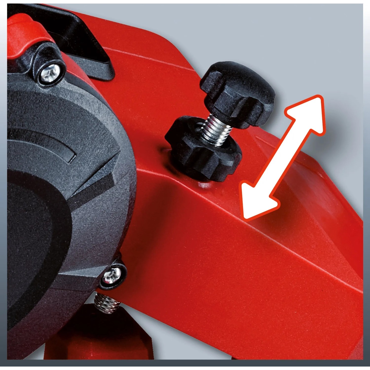 Detailaufnahme Einhell GC-CS 85 E Sägekettenschärfgerät: Spannvorrichtung mit Einstellschraube.