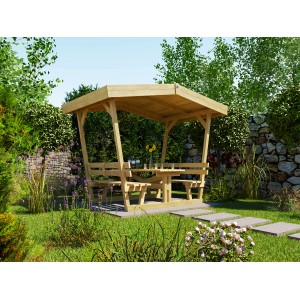 Weka Gartenlaube Tessin aus naturbelassenem Holz mit Tisch und Bänken im Garten.