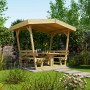 Weka Gartenlaube Tessin aus naturbelassenem Holz mit Tisch und Bänken im Garten.