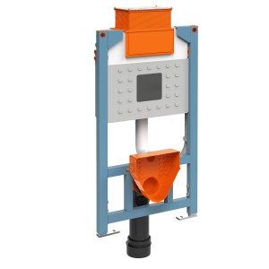 Pianura Unterputz-Spülkasten 98 cm für Wand-WC EASYPro, blaues Stahlgestell mit orangenen Elementen.