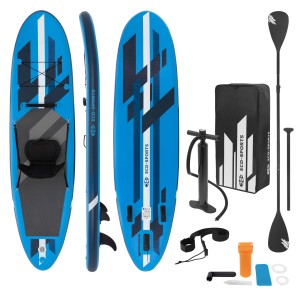 Blaues ECD Germany Stand Up Paddle Board mit Kajaksitz, Paddel, Pumpe und Zubehör.