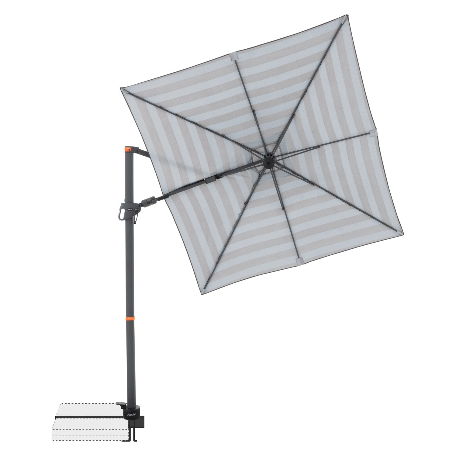 Doppler Ampelschirm myZone AX, 210x210 cm, Blockstreifen blau-grau, mit Kurbel und schwenkbar.