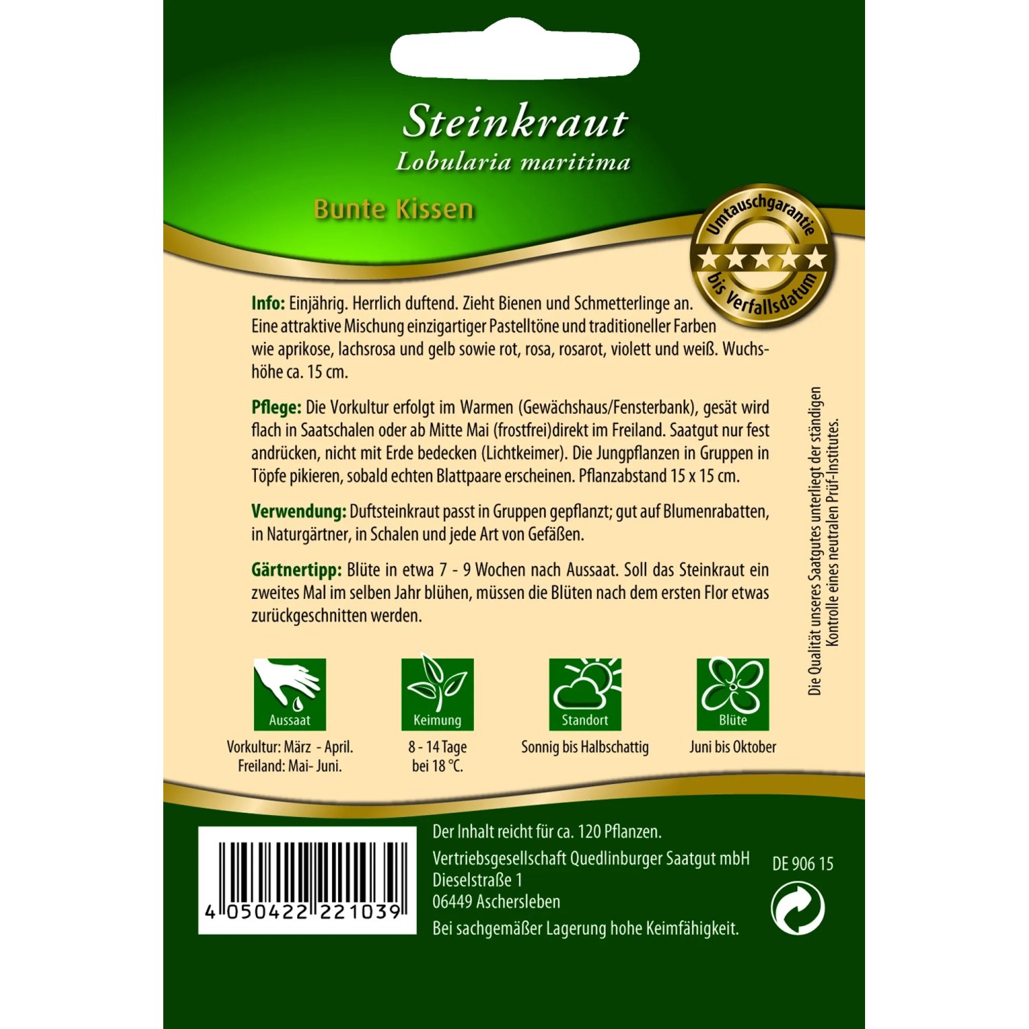 Samentüte Quedlinburger Steinkraut 'Bunte Kissen', Sommerblume für Beet und Balkon.