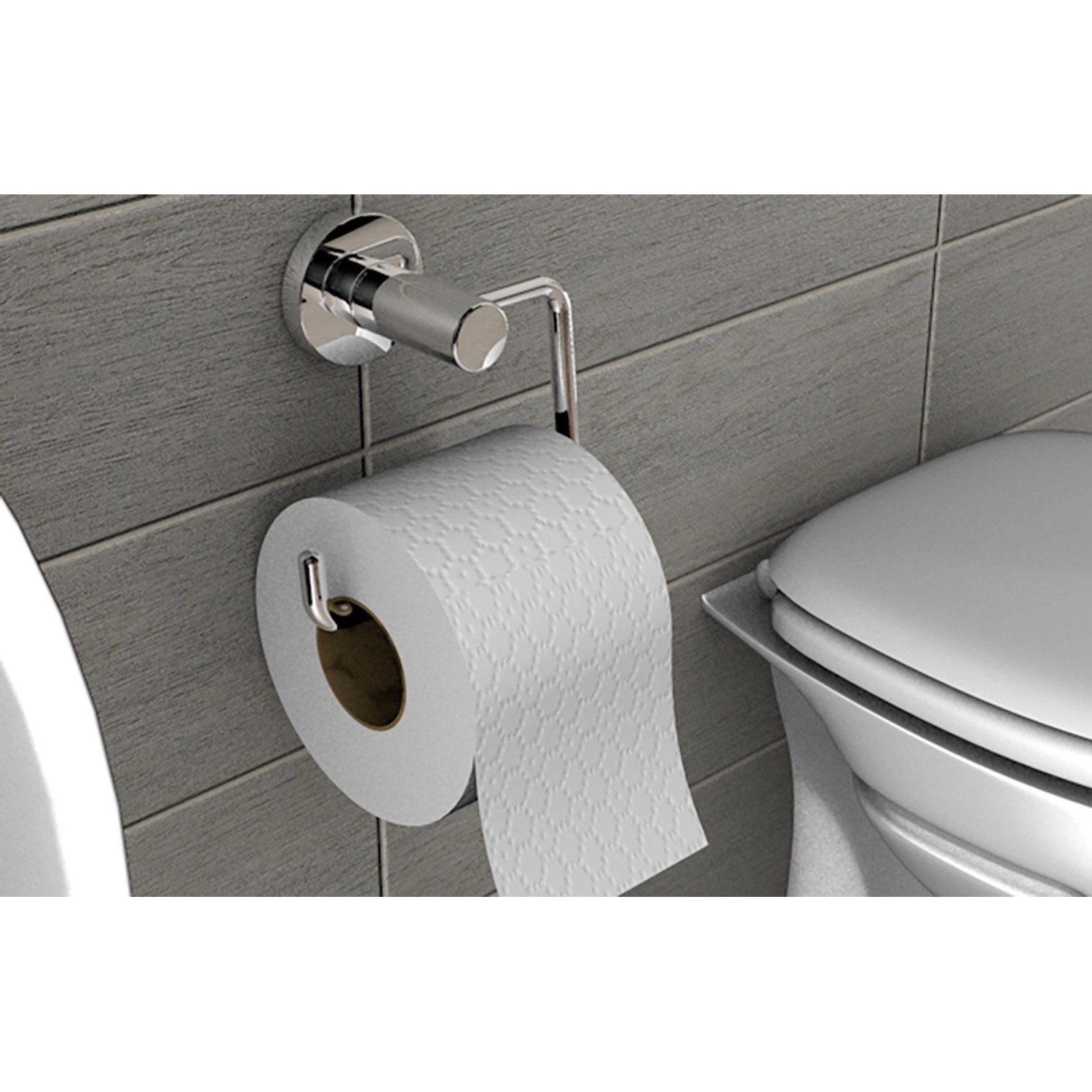 Toilettenpapierhalter mit Papierrolle, befestigt mit Bad Kleber von Fischer.