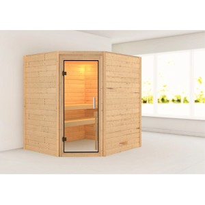 Karibu Sauna Mia Natur mit Eckeinstieg und Glastür, Innenansicht mit Bänken.