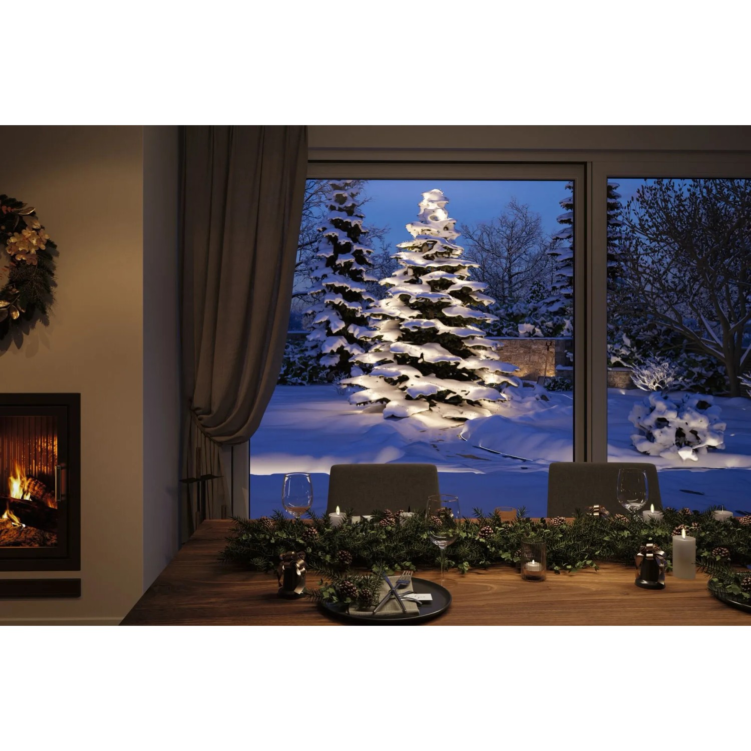 Paulmann LED-Lichterkette Yuna beleuchtet schneebedeckte Bäume warmweiß im winterlichen Garten. Dekorative Außenbeleuchtung.