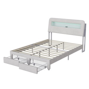PXloue Polsterbett mit 2 Schubladen-Stauraumbett 160x200cm mit Ladestation und LED-Cremefarben