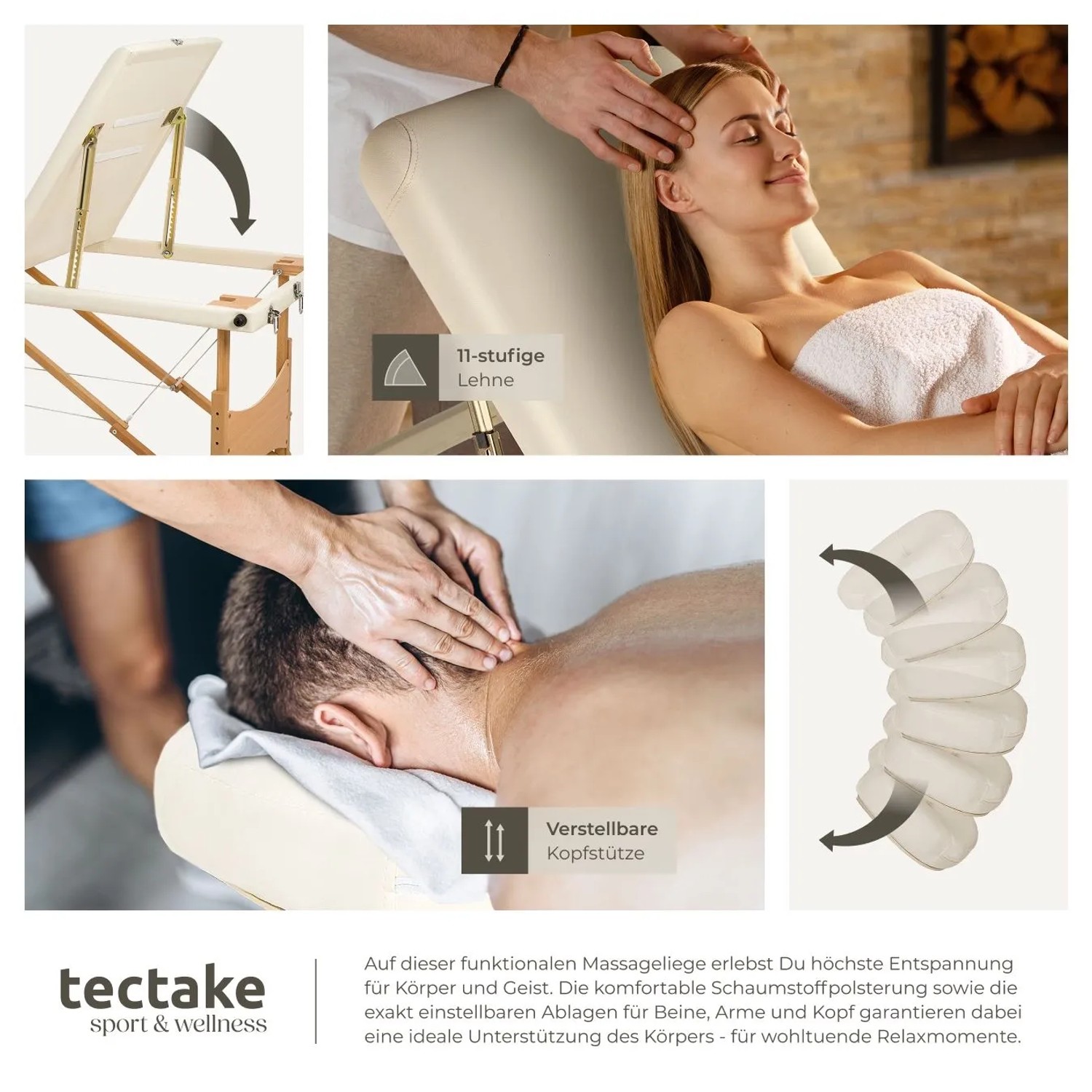Tectake 3 Zonen Massageliege Daniel Breite 60 cm  Polsterung 5 cm Inklusive Tragetasche  185 x 60 x 62 cm Beige_7