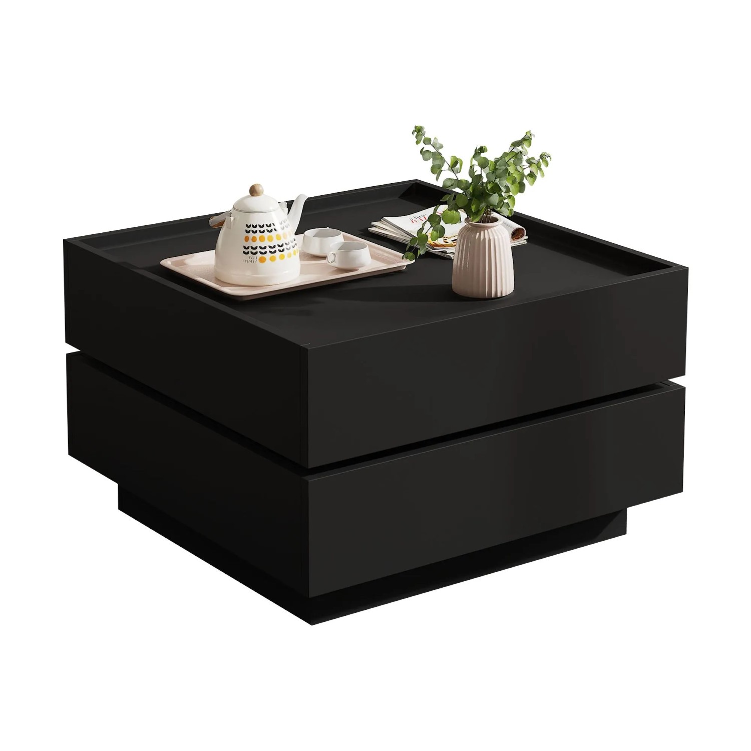 okwish Couchtisch mit Drehfunktion Stauraum Wohnzimmer 60x60x38cm Schwarz