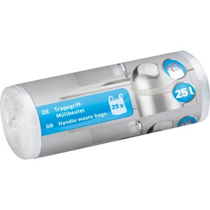 Rolle Müllbeutel, 25 l, mit Tragegriff, 25 Stück, aus transparentem Kunststoff.