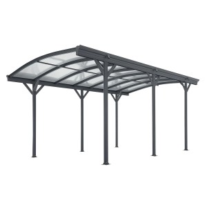 Dunkelgrauer Juskys Carport 5x3 m mit Bogendach und lichtdurchlässigen Polycarbonatplatten.