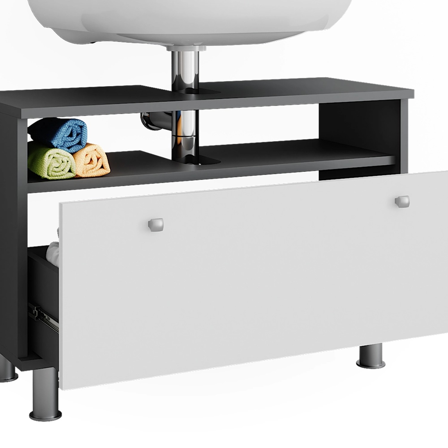 Vicco Waschbeckenunterschrank Fynn, anthrazit/weiß, mit Schublade und Ablageflächen.