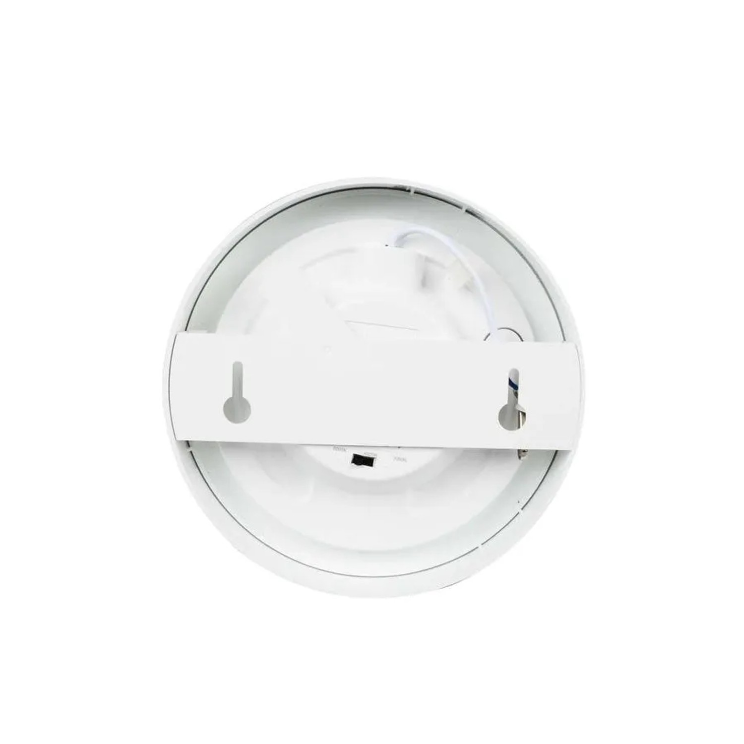 Runde, weiße LUXULA LED Aufbauleuchte (Rückseite) mit Halterung zur Deckenmontage.