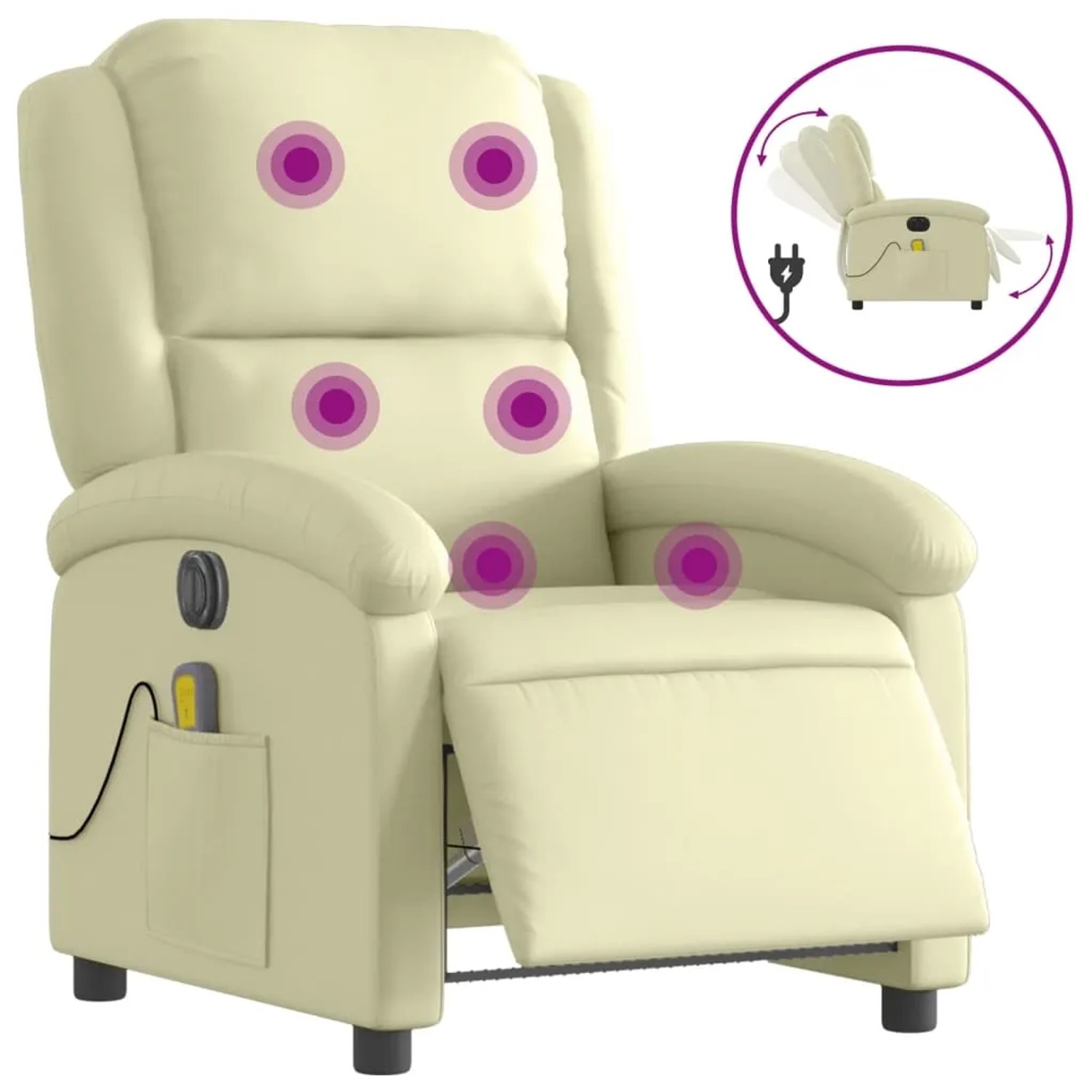 Elektrischer Massagesessel in Creme aus Echtleder mit Vibrationsmassage und verstellbarer Rückenlehne.