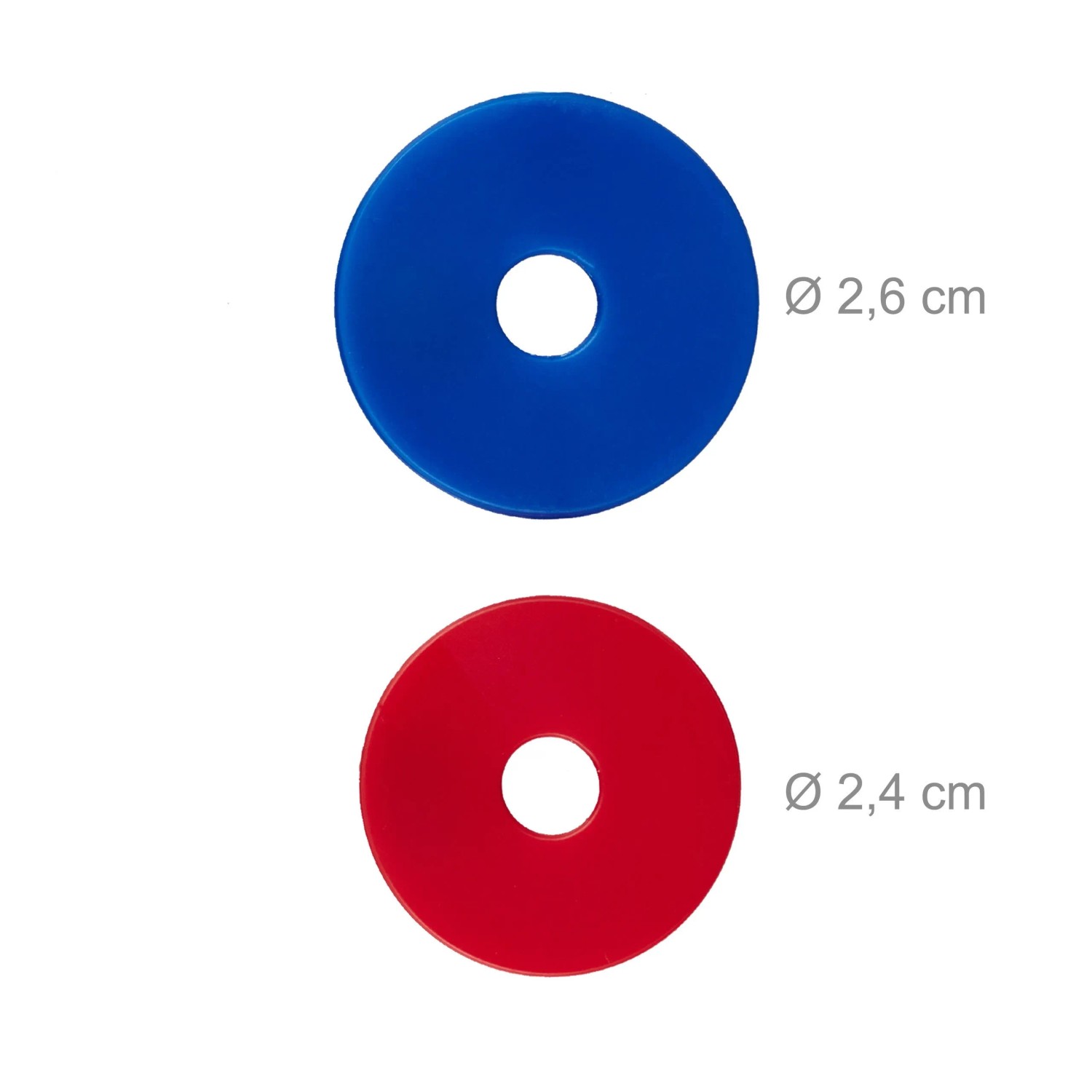Zwei runde Einkaufswagenchips aus Kunststoff in Blau (2,6 cm) und Rot (2,4 cm) für Parkscheiben.