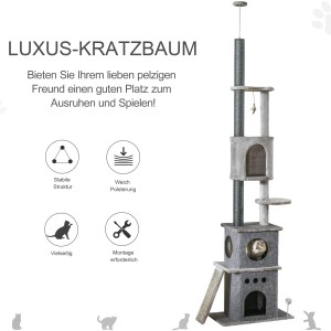 Grauer, deckenhoher PawHut Kratzbaum mit mehreren Ebenen, Sisalstämmen und Spielzeug.