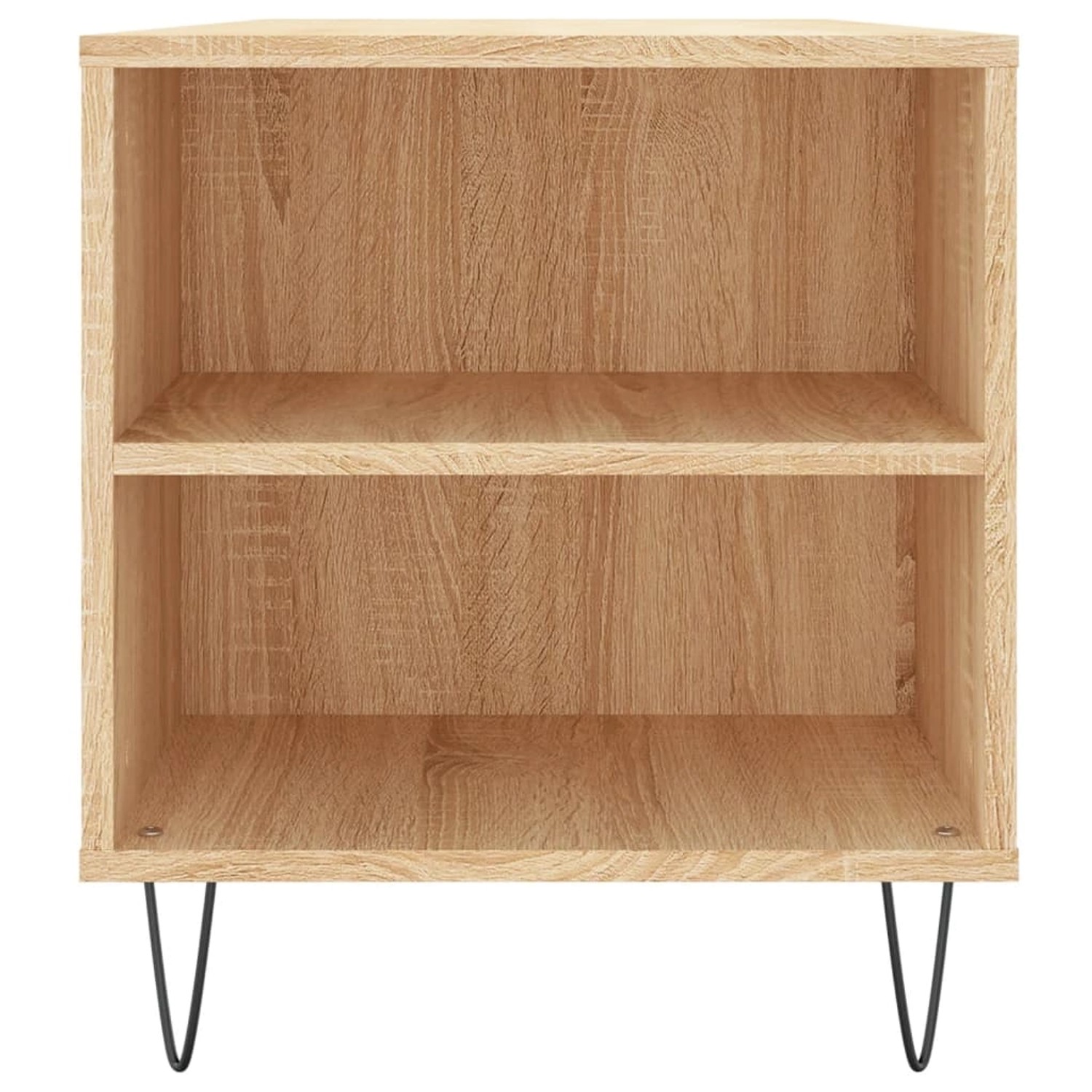 Couchtisch Sonoma-Eiche mit zwei Fächern und Metallbeinen.