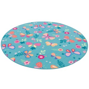 Runder, türkis Snapstyle Kinderteppich (200 cm) mit Schmetterlingen und Blumen.