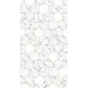 ESTAhome Fototapete in Marmor Optik, schwarz-weiß mit goldenen Hexagonen.