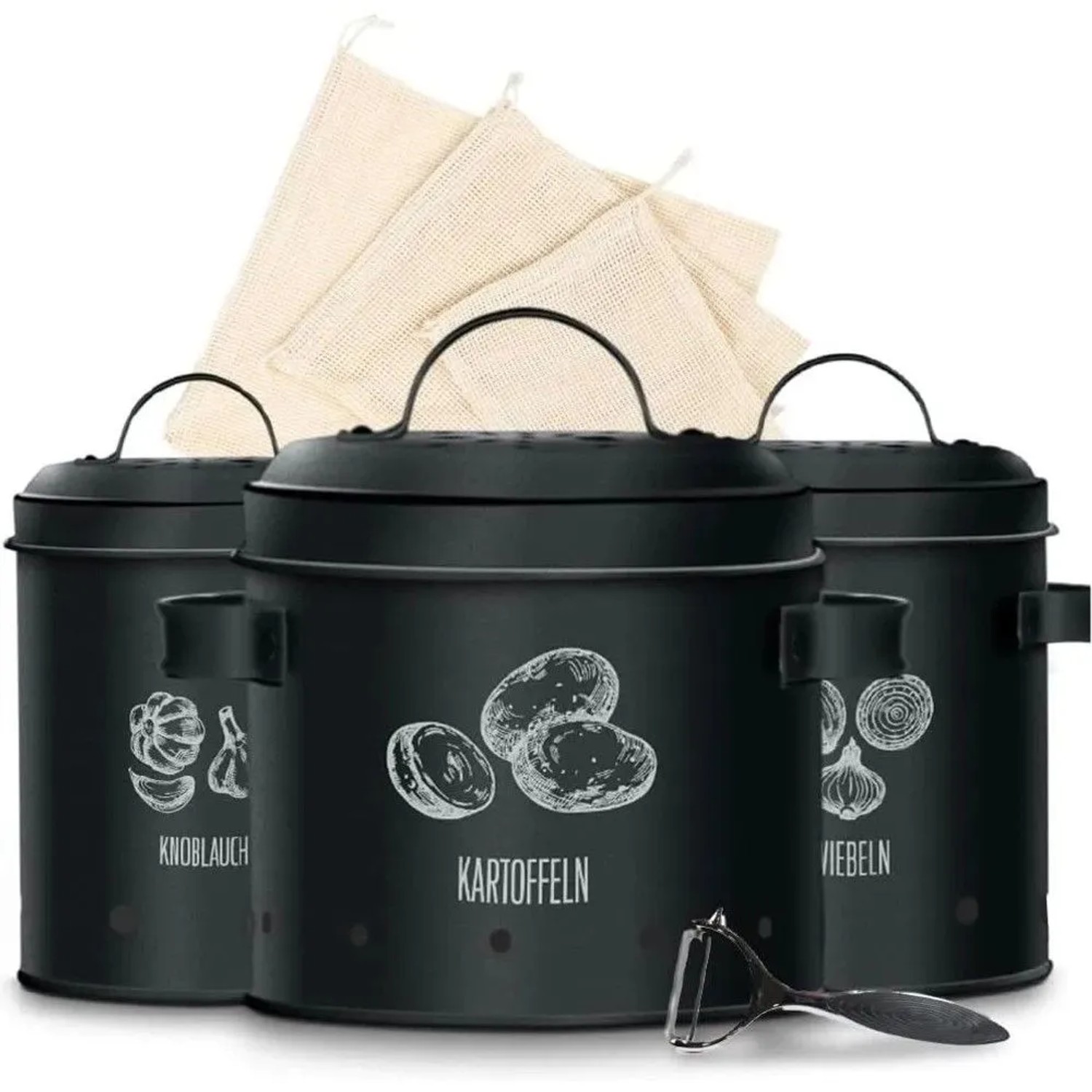 KitchenQuality Kartoffelaufbewahrungsbox 3er-Set aus Metall inkl. Schäler & Beutel