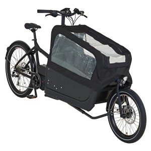Schwarzes Prophete E-Bike Cargo Plus mit Transportbox und Wetterschutz.