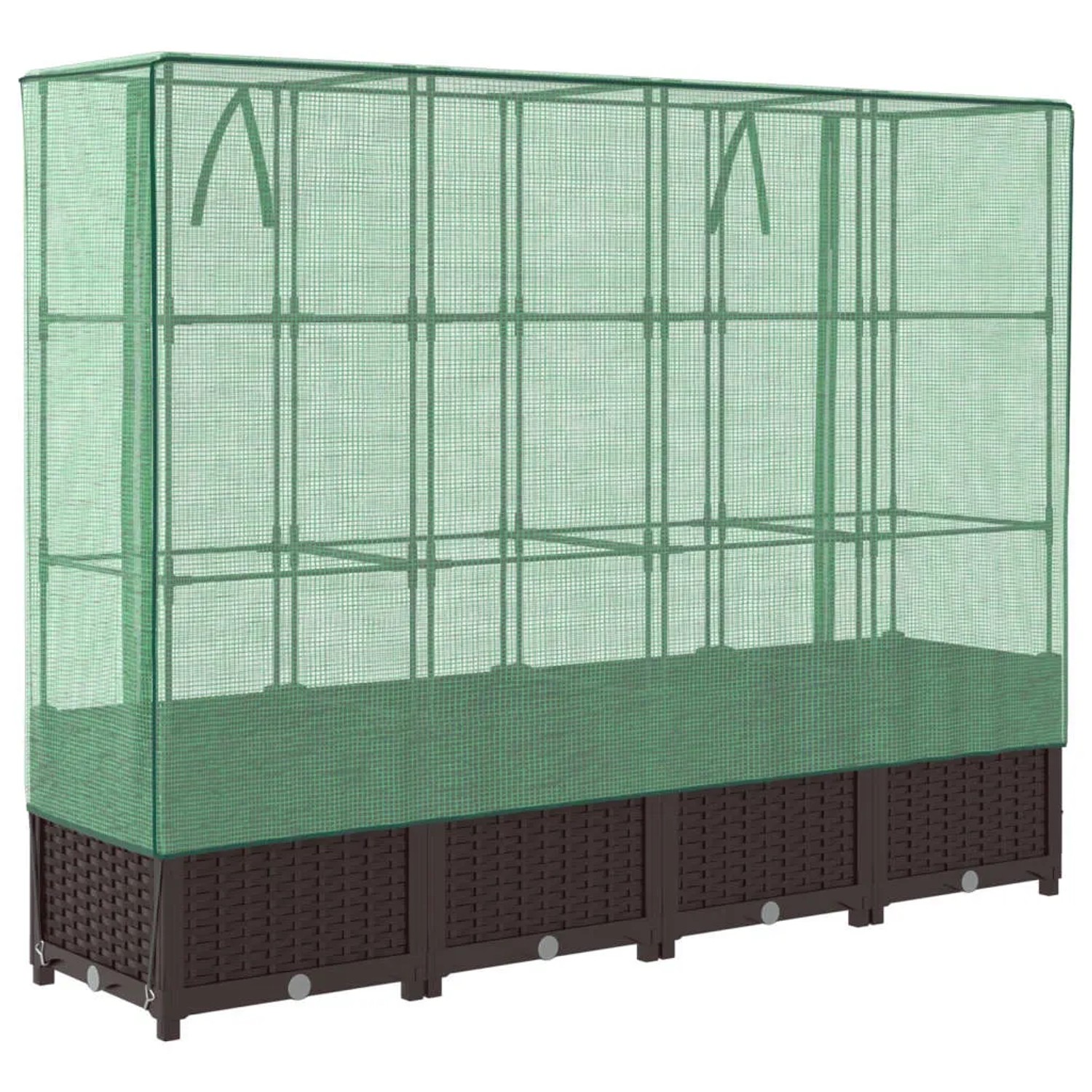 Braunes vidaXL Hochbeet mit Gewächshaus-Aufsatz und Rattan-Optik.