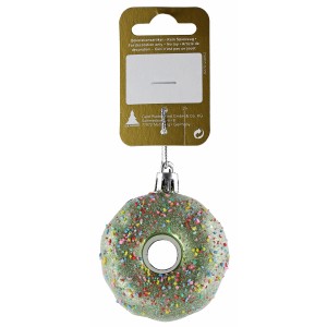 Mintfarbener Deko-Donut (Ø 6 cm) mit bunten Streuseln zum Aufhängen als Baumbehang.