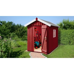 Rotes Weka Holz-Gartenhaus mit Satteldach und geöffneter Tür, gefüllt mit Gartengeräten.
