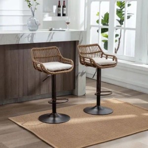 PXloue Barhocker 2er Set Höhenverstellbar mit Fußstütze und 360° Drehfunktion  Barstuhl mit Metallgestell und Rattan Rückenlehne