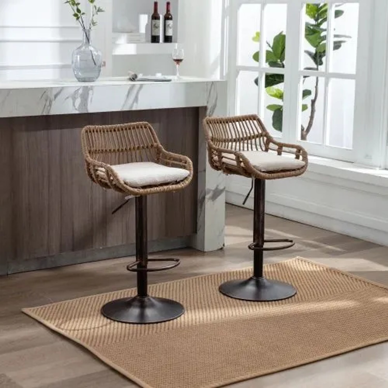 PXloue Barhocker 2er Set Höhenverstellbar mit Fußstütze und 360° Drehfunktion Barstuhl mit Metallgestell und Rattan Rückenlehne_3